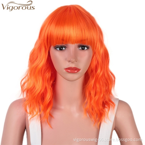 Vigorous Good Quality 14 Inches Female Short Wavy Synthetic Bob Wigs With Bangs Synthetic Heat Resistant Fiber Cosplay Wig